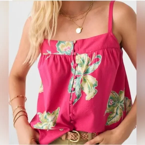 Faherty Marina Seersucker Cami Tank Pink Floral Button Front Tropical Size M - Picture 1 of 4